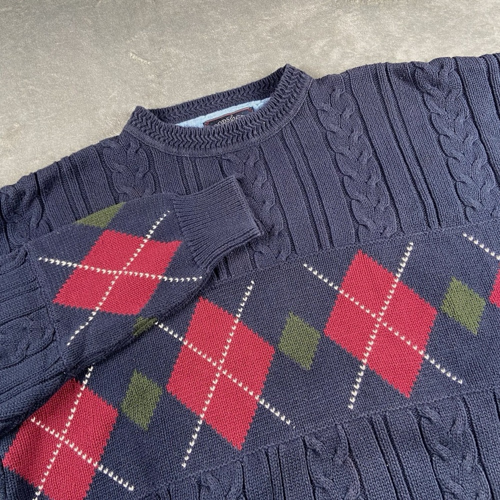 Vintage Woods & Gray Sweater Mens XL Blue Cable Knit Argyle Preppy‎ Heavy Cotton